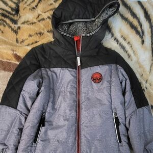 Gray and Black Hooded Jacket with Red Accents